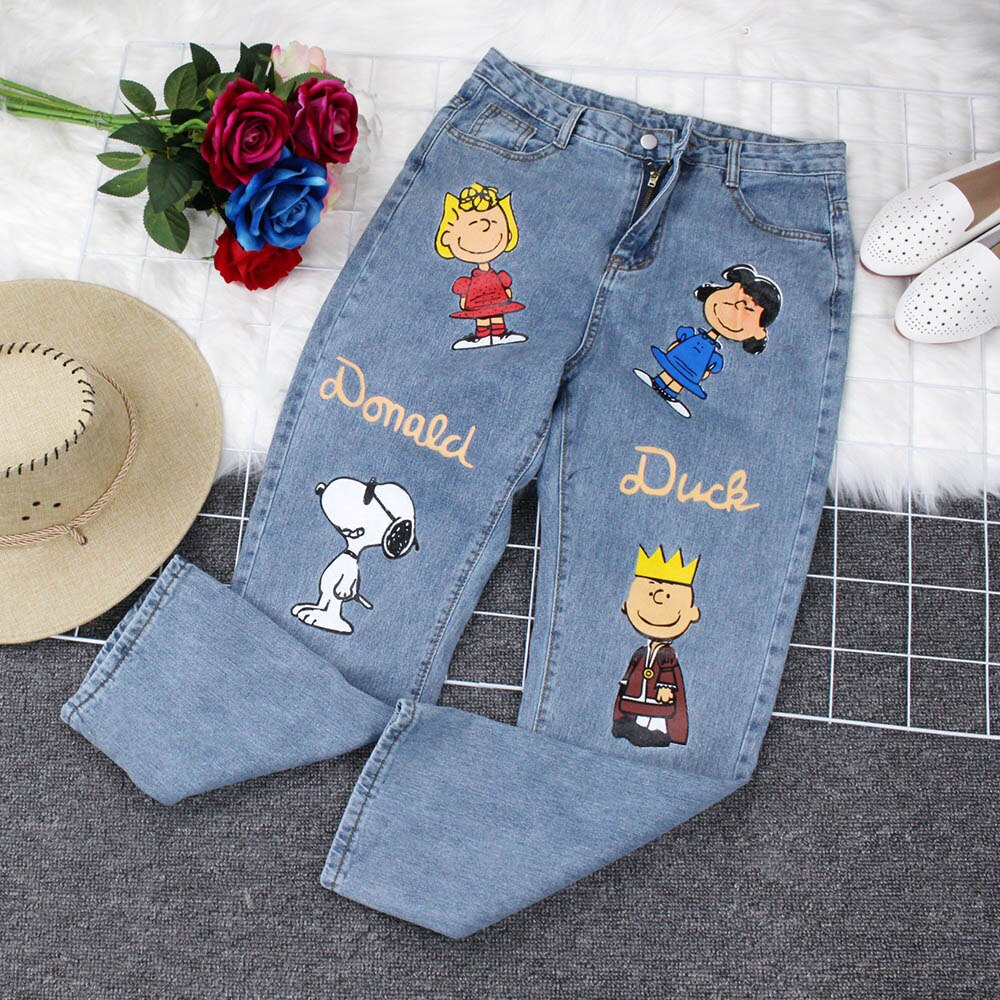 Jeans for woman Denim high waist Women mom jeans Ankle-Length Cartoon Print Pant Plus Size  ropa mujer Straight Korean Style